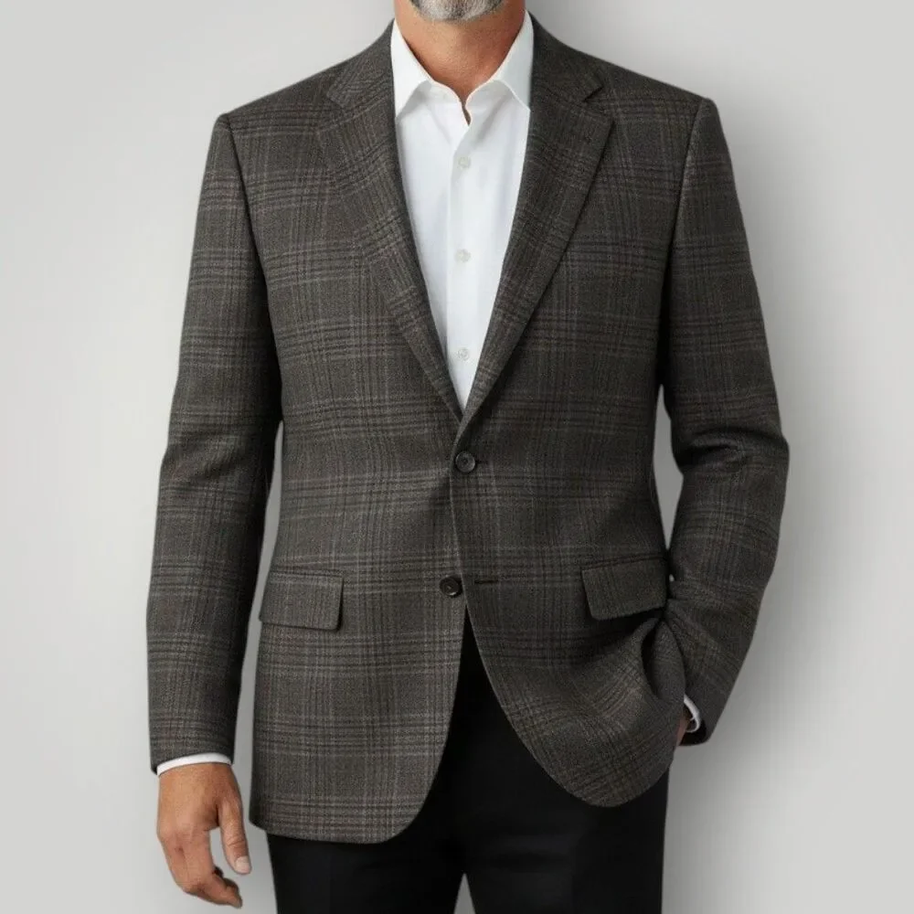 JOSEPH ABBOUD 46R Brown Plaid Stretch Wool Mens Blazer Sport Coat Suit Jacket
